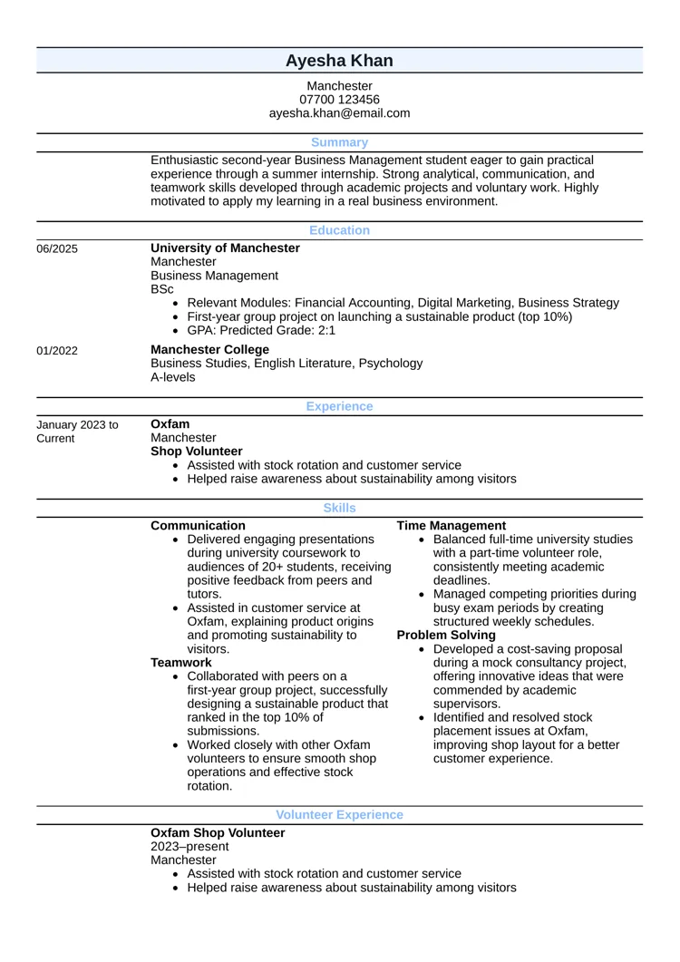 CV example for a student with no experience