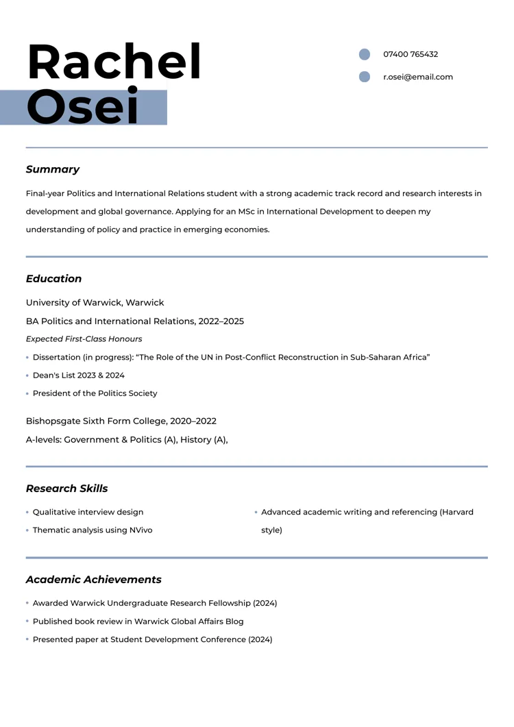University student CV example