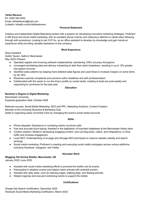 student cv example