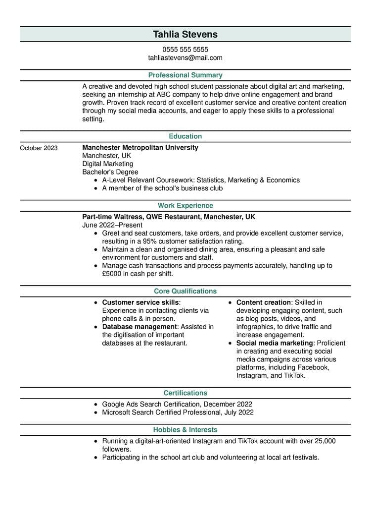 cv personal statement examples for students with no experience