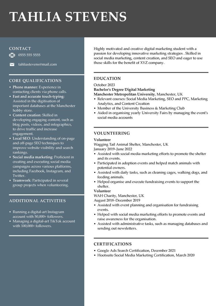 Student CV no experience example