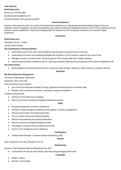 supermarket CV example