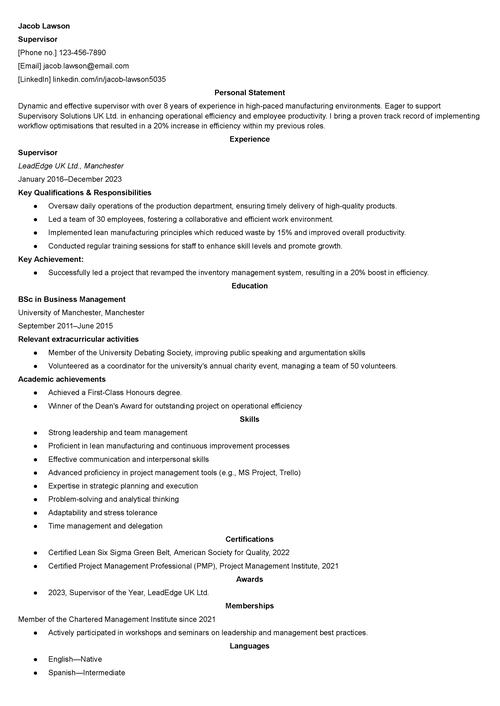 supervisor CV example