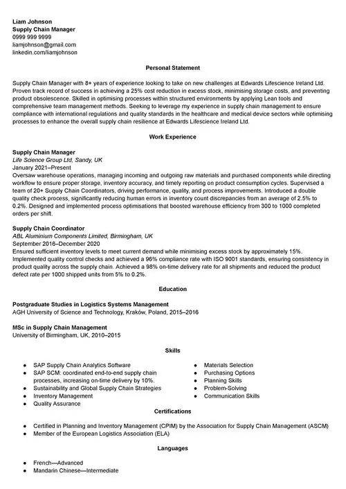 supply chain manager cv example