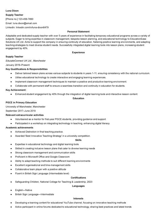 supply teacher CV example