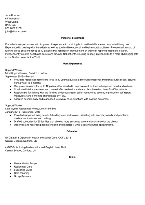 Support worker CV example