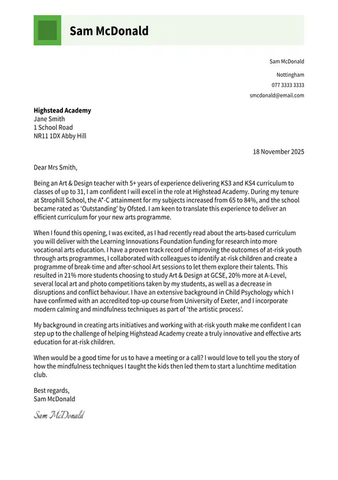 teacher cover letter example