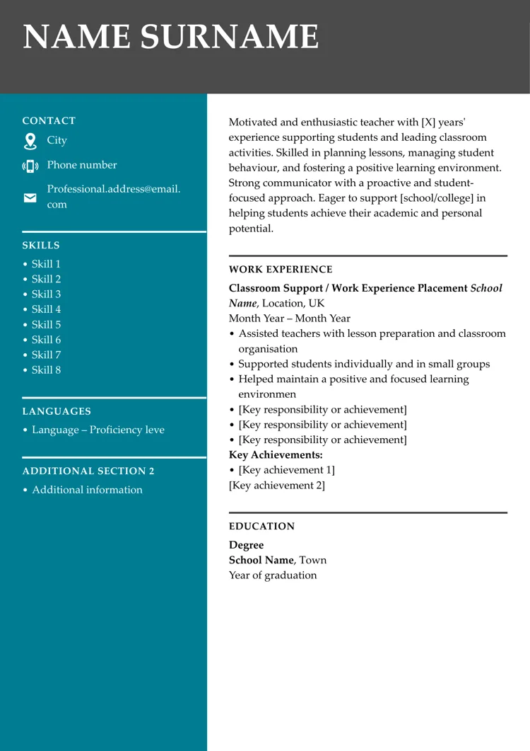 Teacher CV example created with LiveCareer UK CV builder