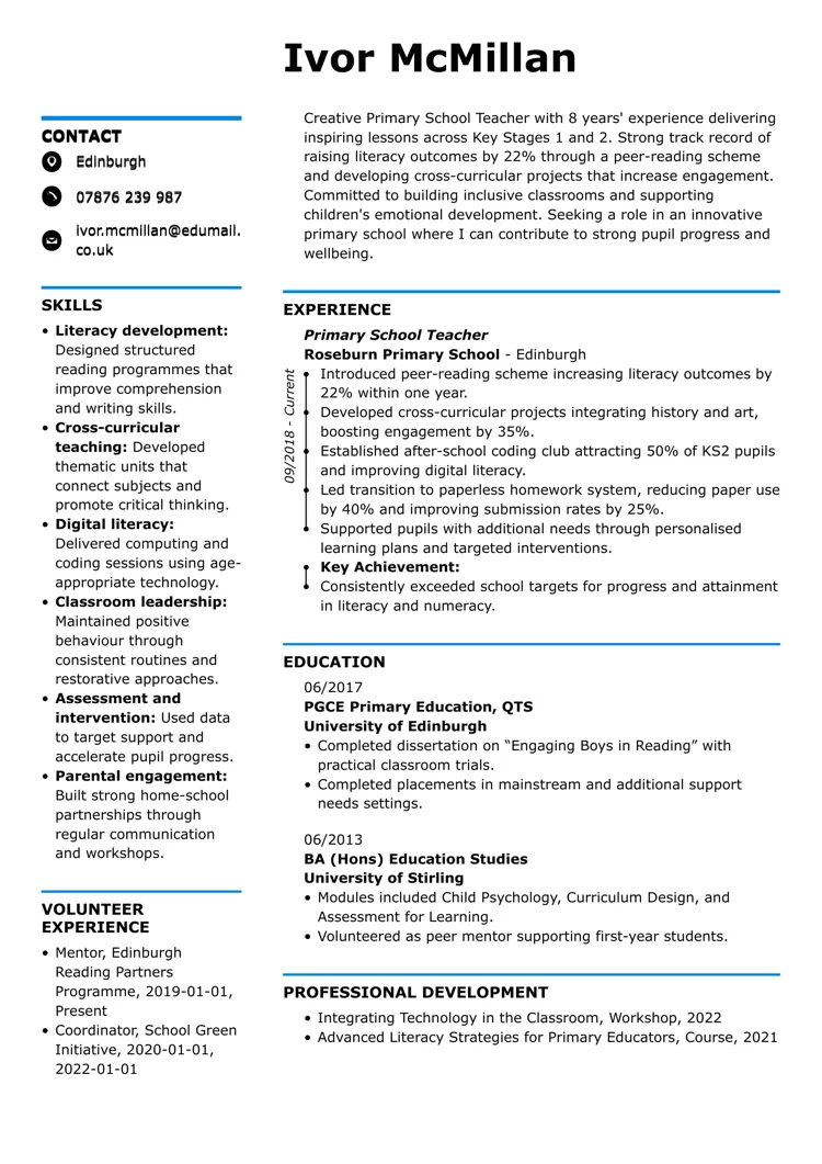 Primary school teacher CV Example created with LiveCareer UK CV builder