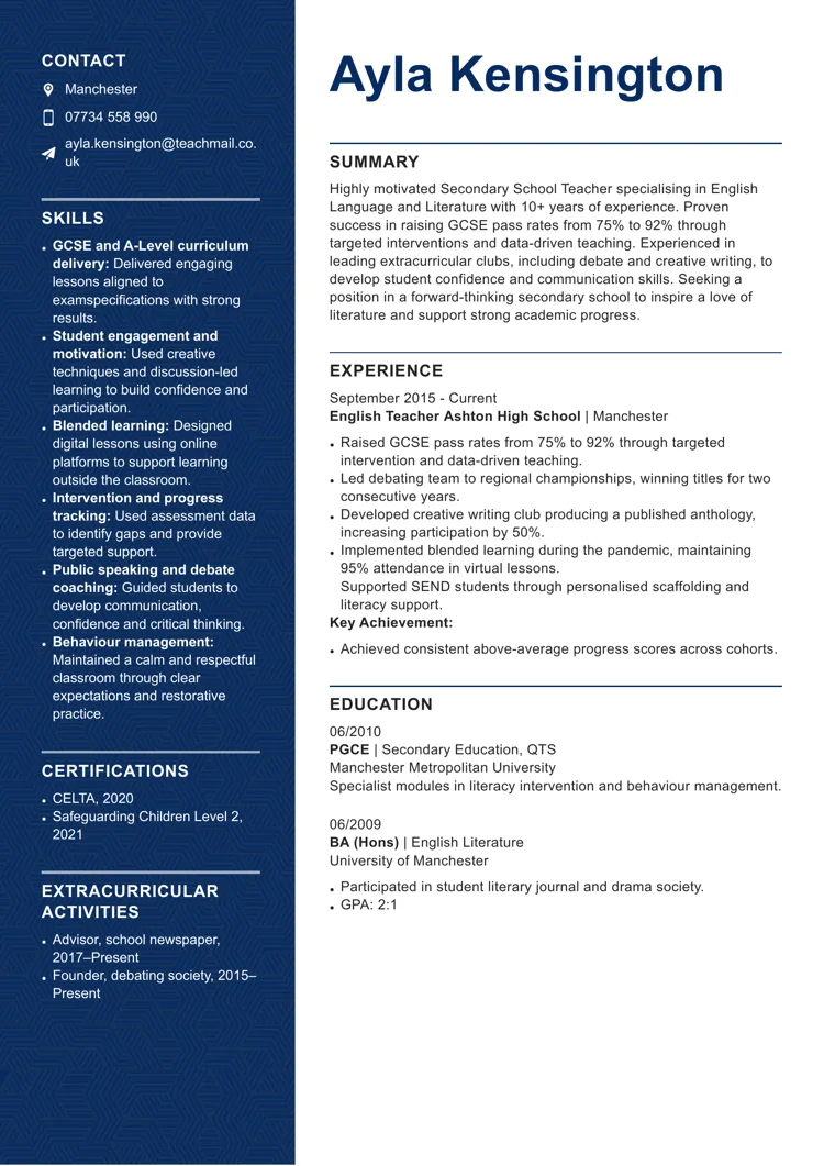 Secondary school teacher CV example created with LiveCareer UK CV builder
