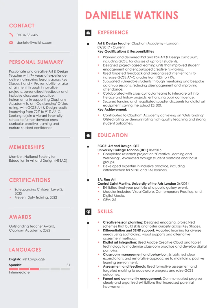 Art teacher CV example created with LiveCareer UK CV builder