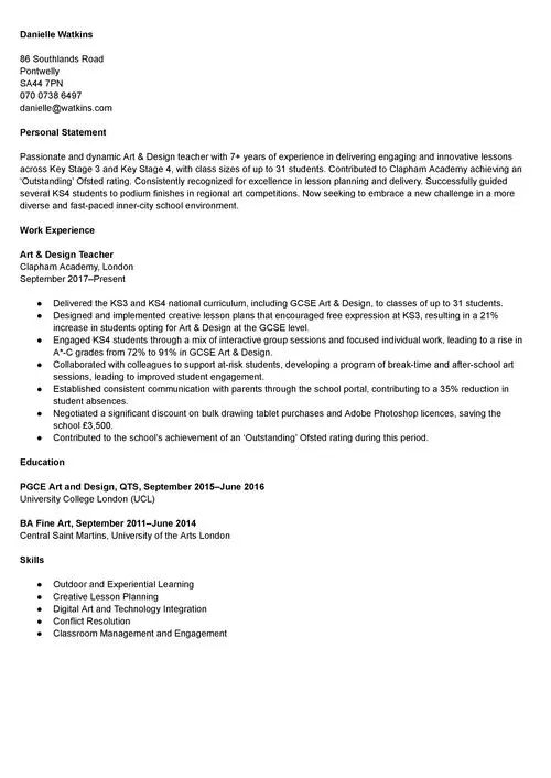 teacher CV example