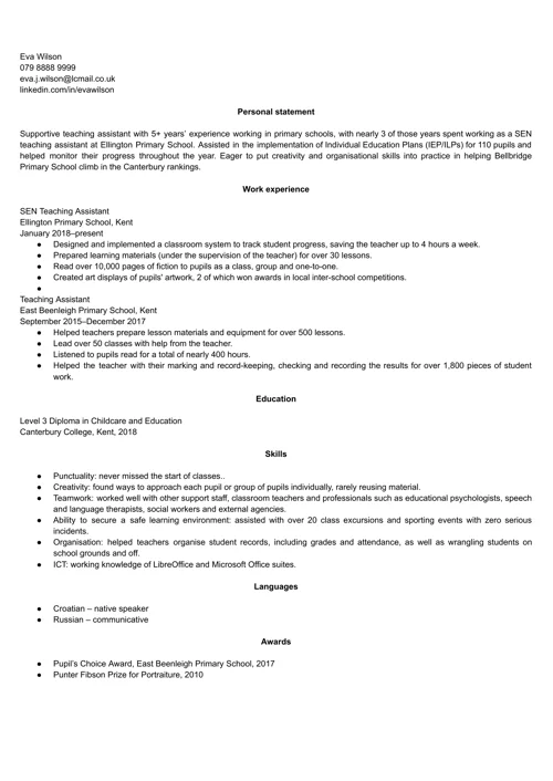 Teaching assistant CV example