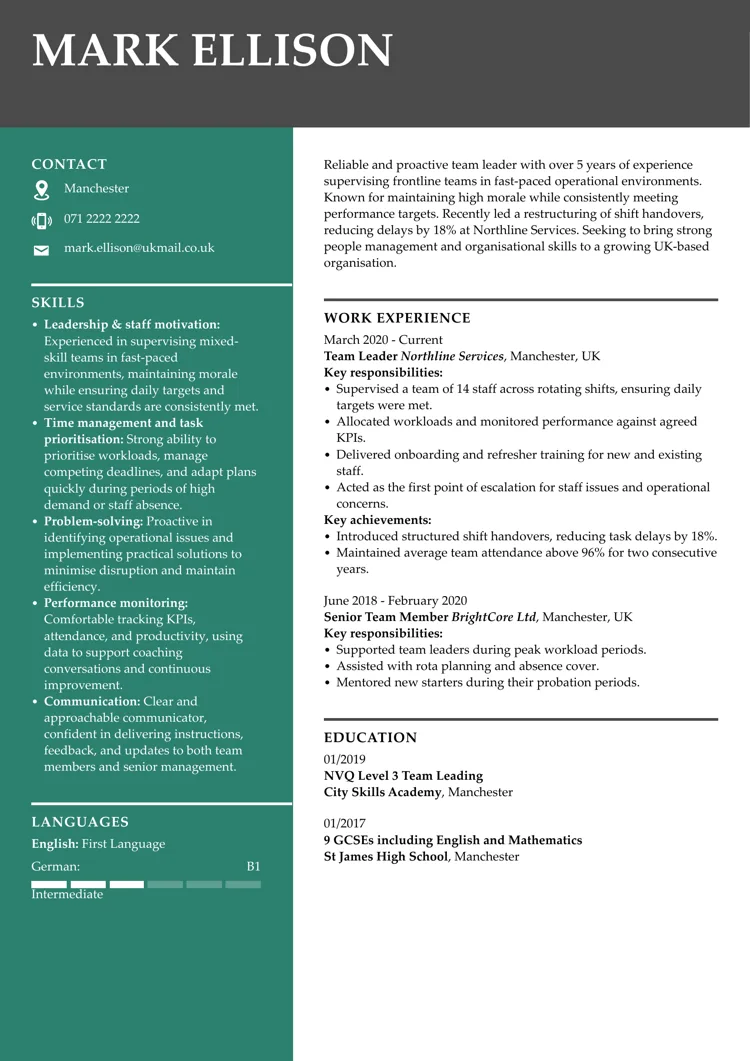 Team leader CV example by LiveCareer UK CV builder