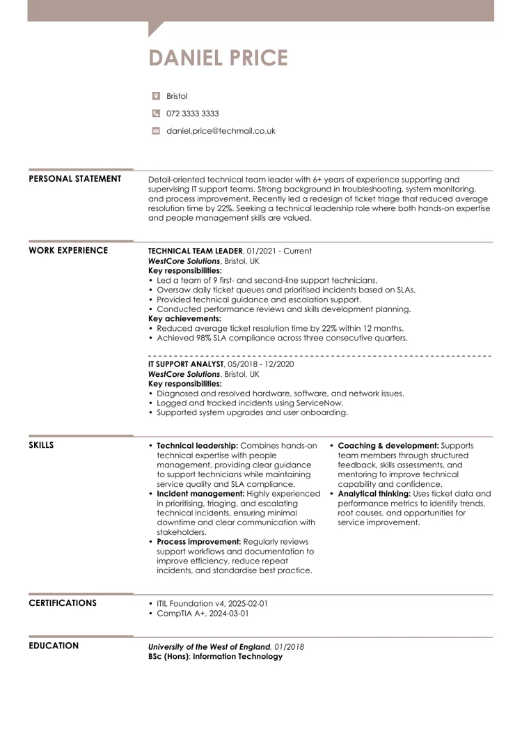 Technical team leader CV example by LiveCareer UK CV builder