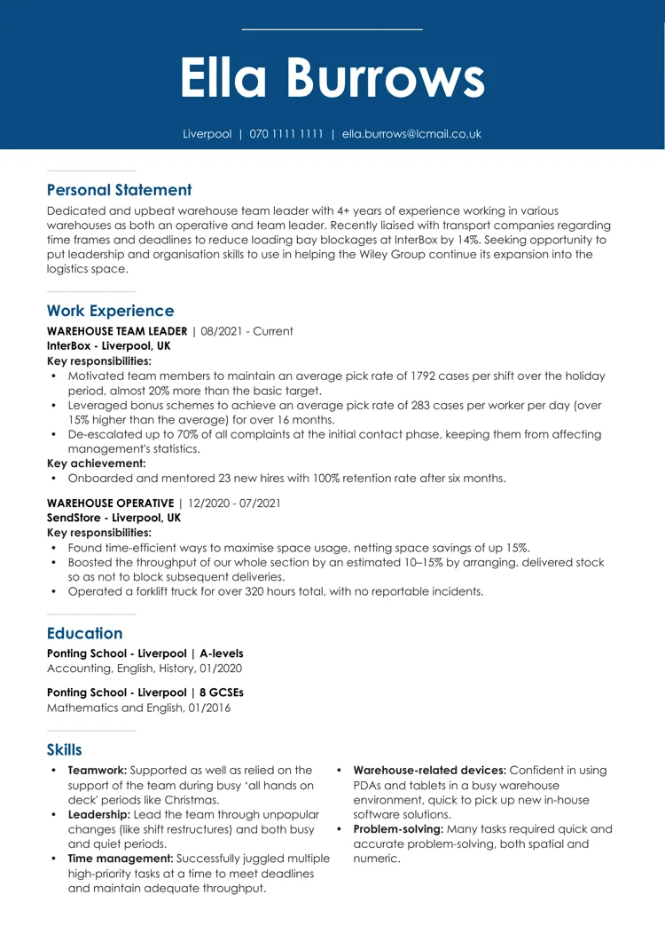 Warehouse team leader CV example by LiveCareer UK CV builder