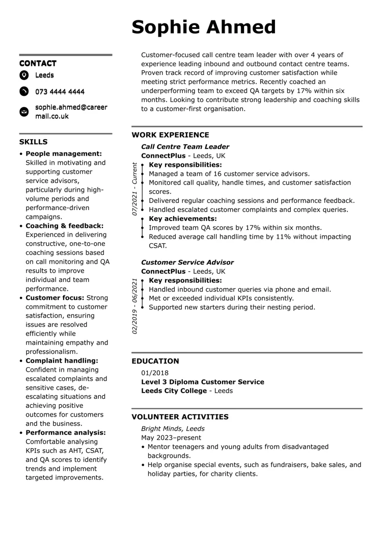 call centre team leader CV example by LiveCareer UK CV builder