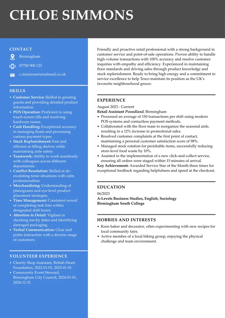 Tesco CV example created with LiveCareer UK CV builder