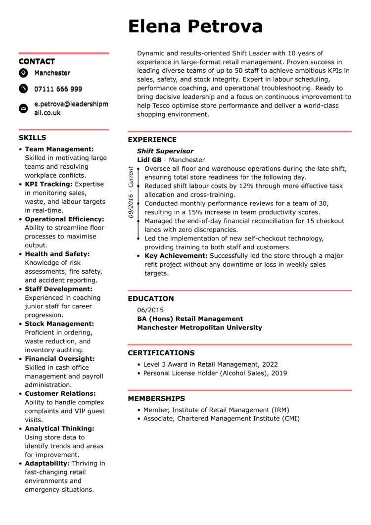Tesco CV example created with LiveCareer UK CV builder