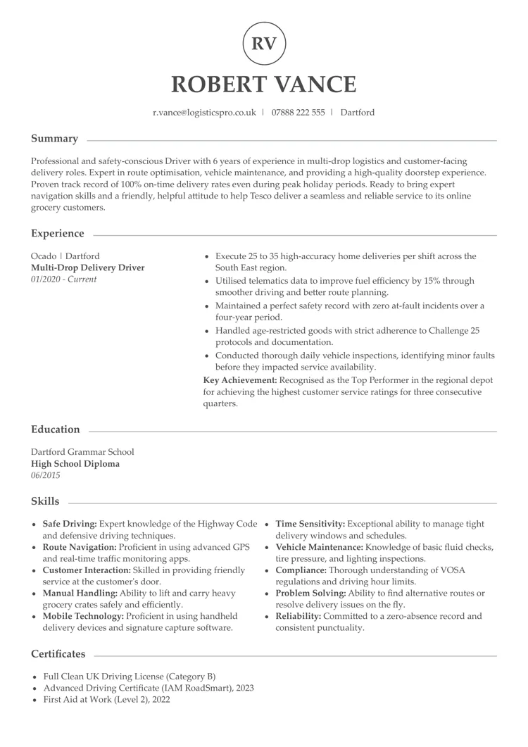 Tesco CV example created with LiveCareer UK CV builder