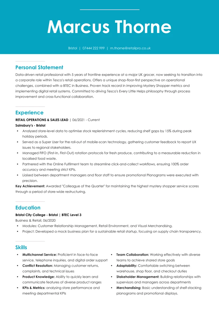 Tesco CV example created with LiveCareer UK CV builder
