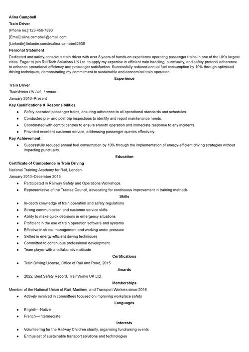 Train Driver CV Example + Writing Tips