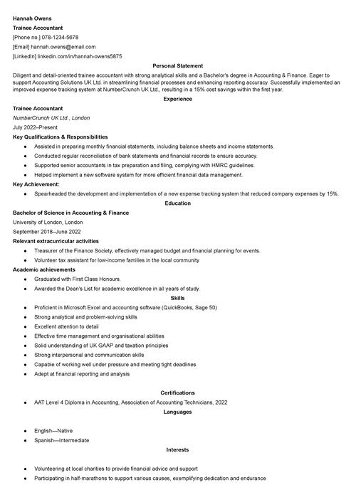 trainee accountant CV example