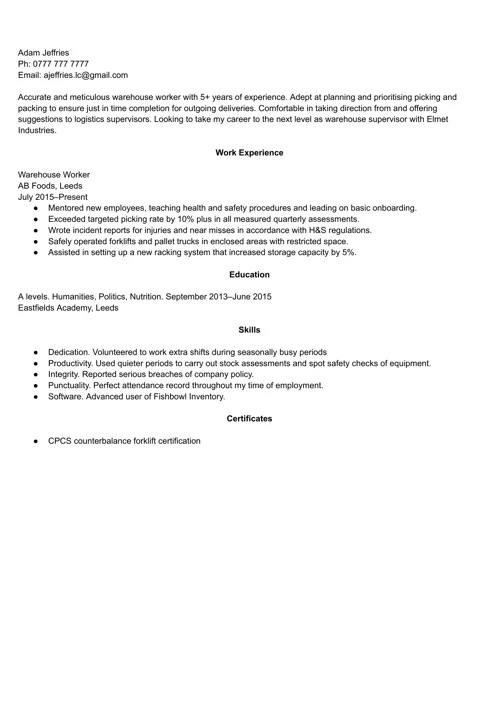 Transferable skills CV sample