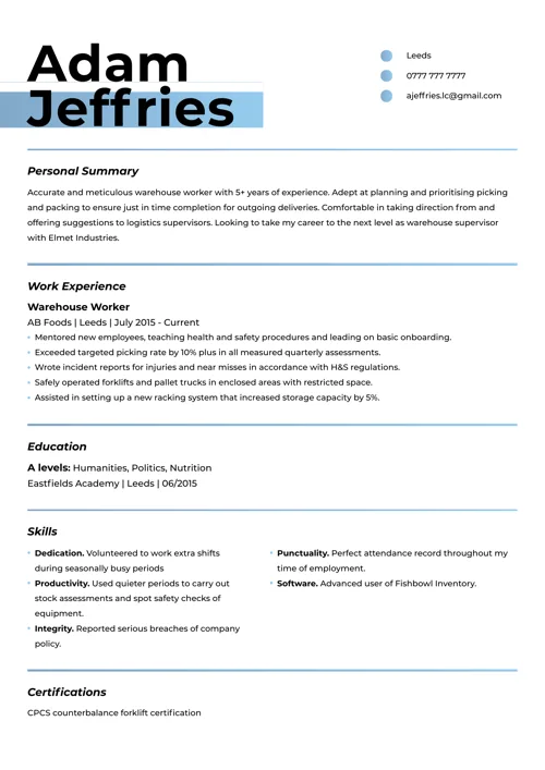 Transferable skills CV sample