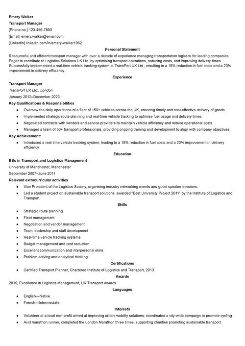 transport manager CV example