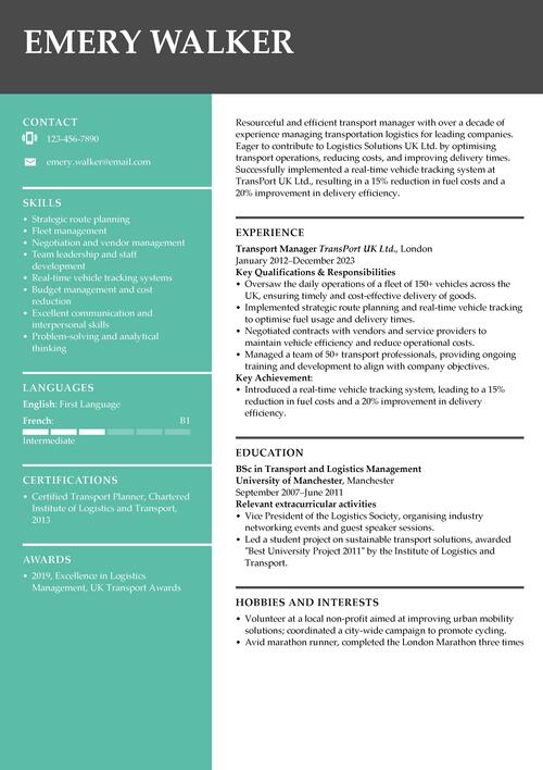 transport manager CV example