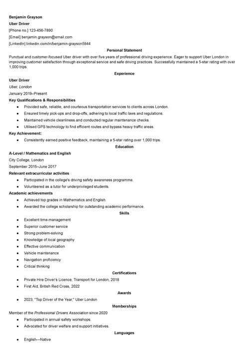 Uber driver CV example