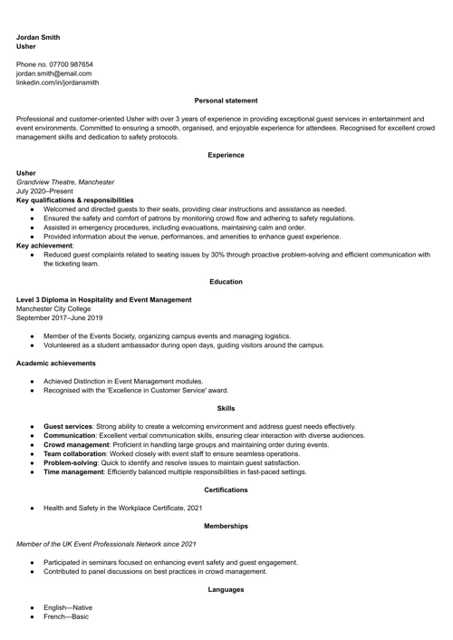 Usher CV example