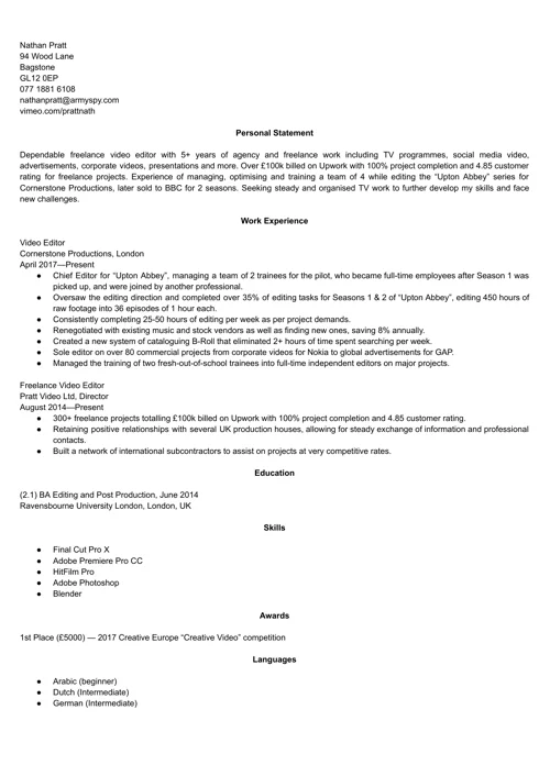 Video editor CV example