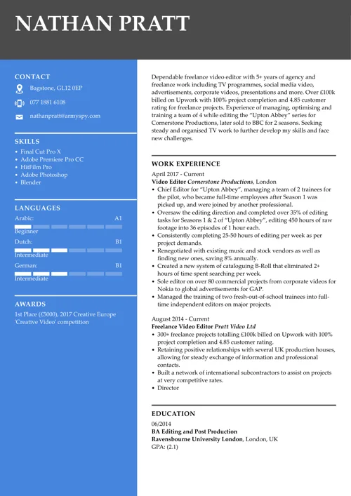 Video editor CV example