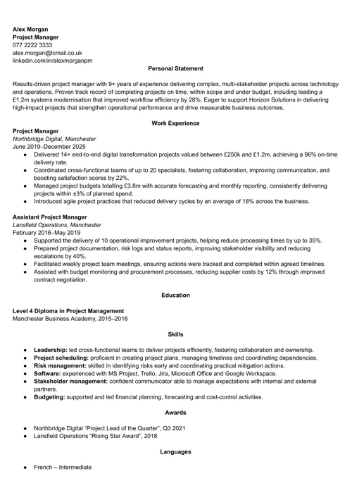 CV example from LiveCareer UK CV builder