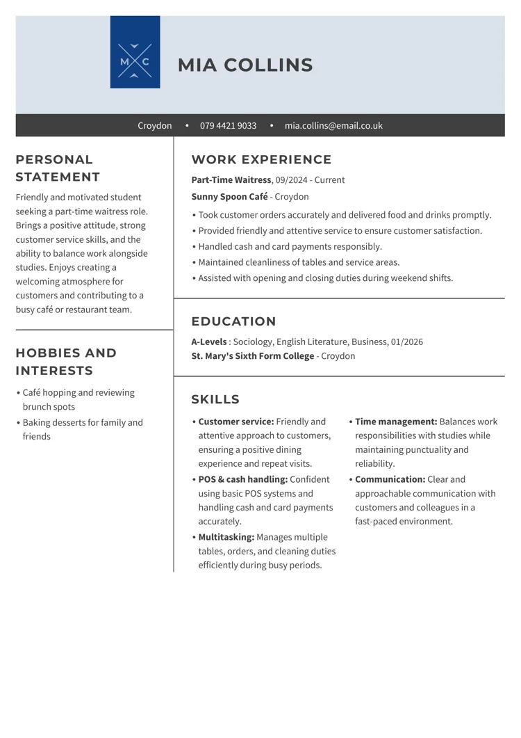 Sample CV for waitress jobs by LiveCareer UK CV builder