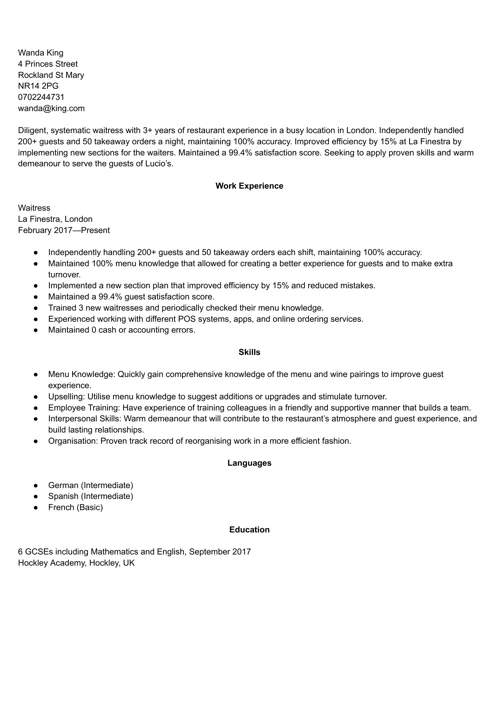 Waitress CV example