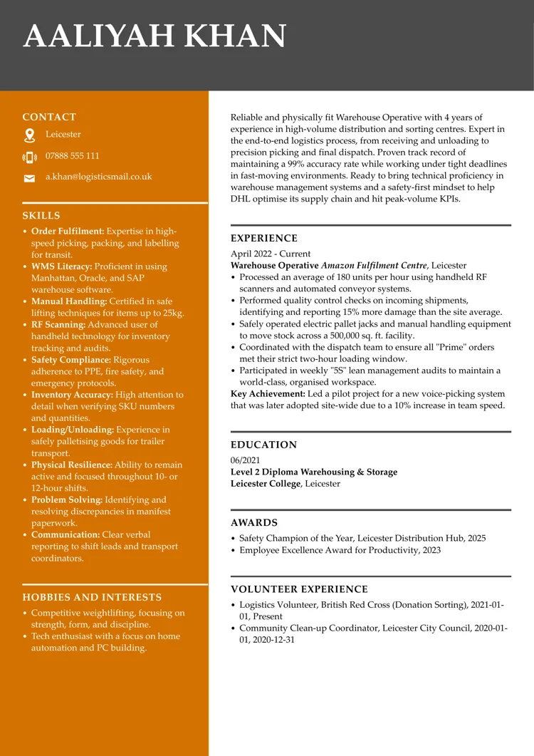 warehouse operative CV example created with LiveCareer UK CV builder