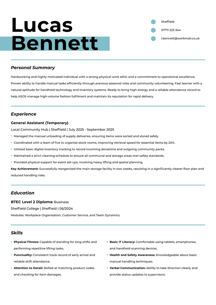 entry-level warehouse operative CV example from LiveCareer UK CV builder