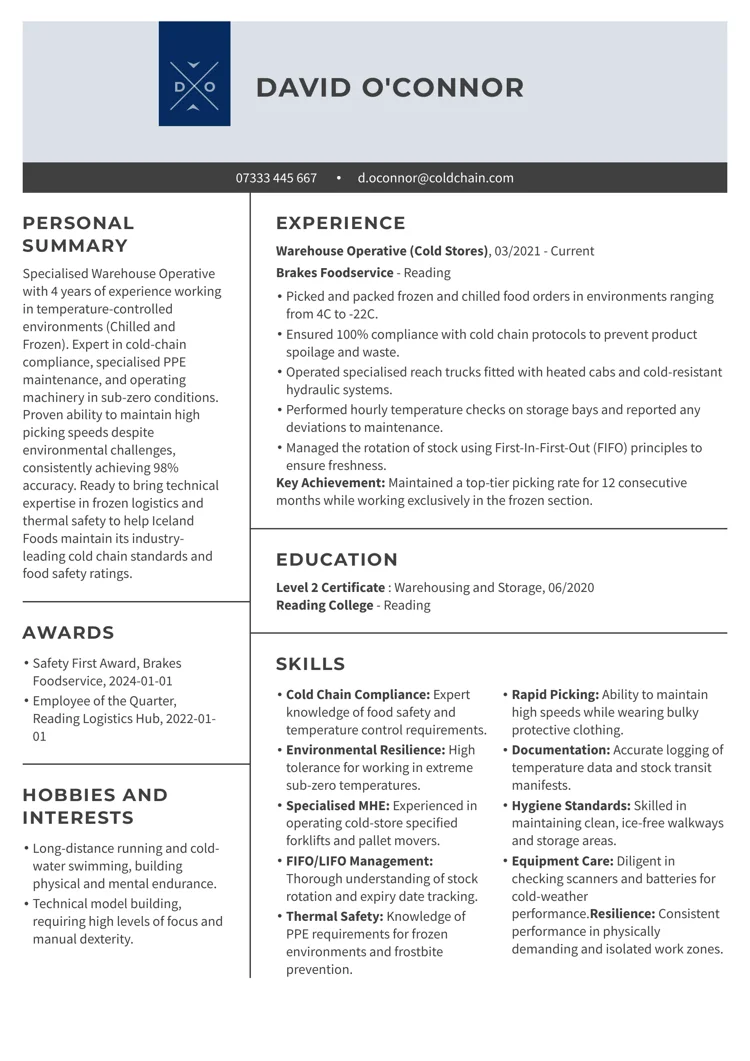 Cold storage warehouse operative CV example