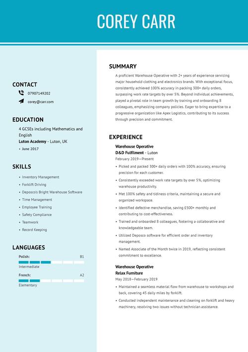 warehouse operative CV sample