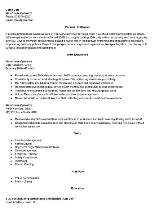 warehouse operative CV sample