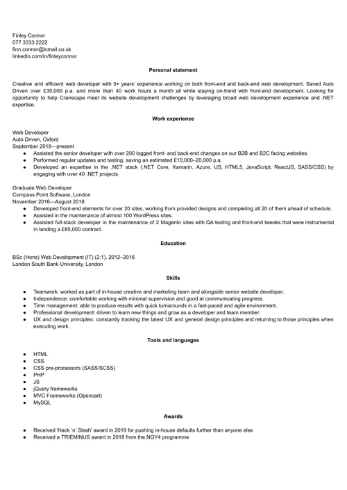 Web developer CV example