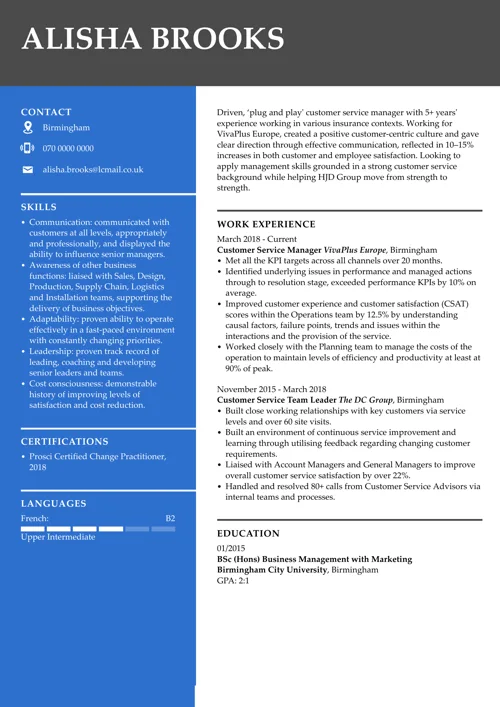 UK example of a good CV