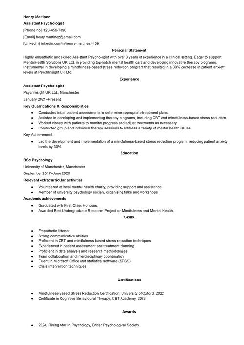 assistant psychologist CV example