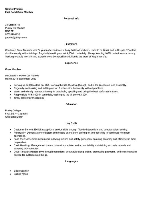 fast food crew member CV example