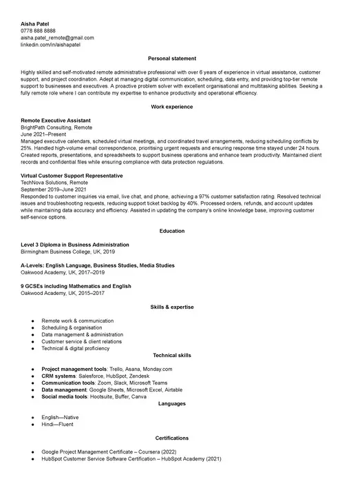work-from-home CV example