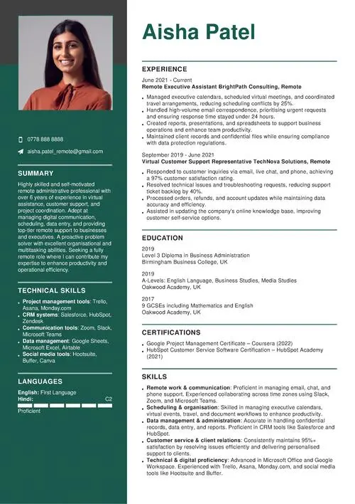 work-from-home CV example