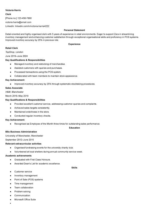 Zara CV example